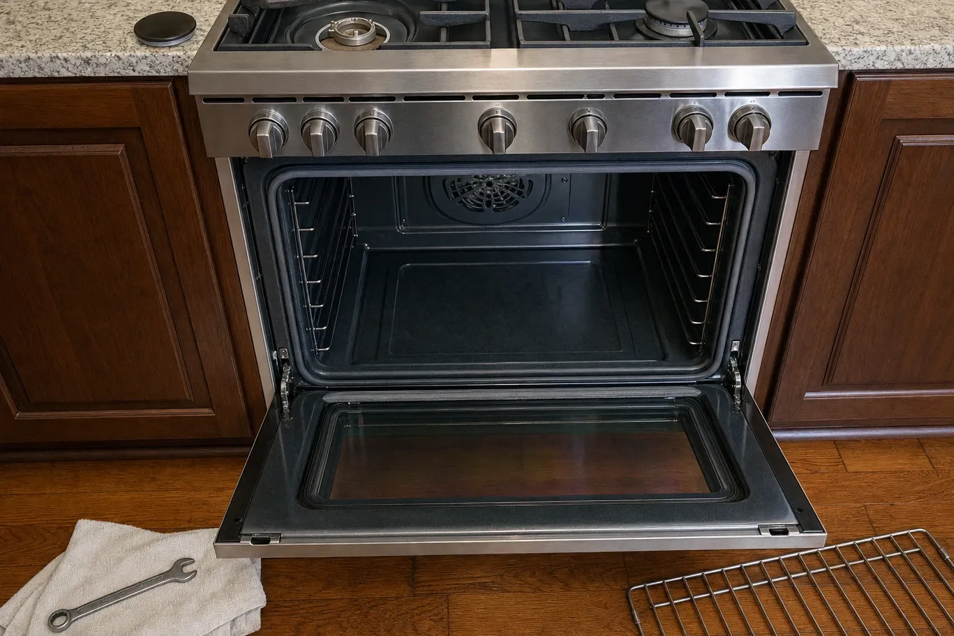 Open oven cavity of a stainless range with the round convection fan cover on the back wall and the door lowered
